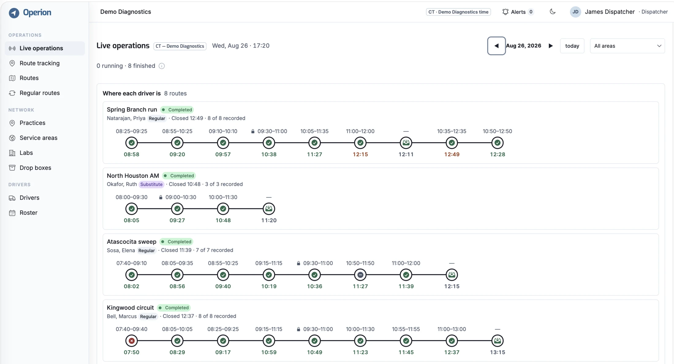 The Operion live operations board: courier routes drawn as rows of stops, each with its planned pickup window printed above and the time the driver was actually recorded printed below.