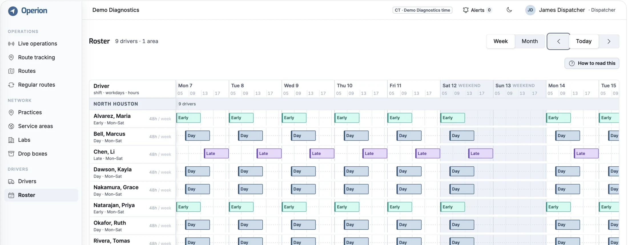A weekly roster grid: nine drivers down the side, days across the top, and a coloured shift block for each working day.