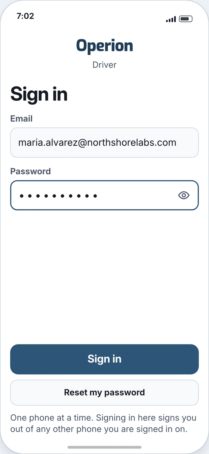 The driver app sign-in screen, noting that signing in here signs you out of any other phone.