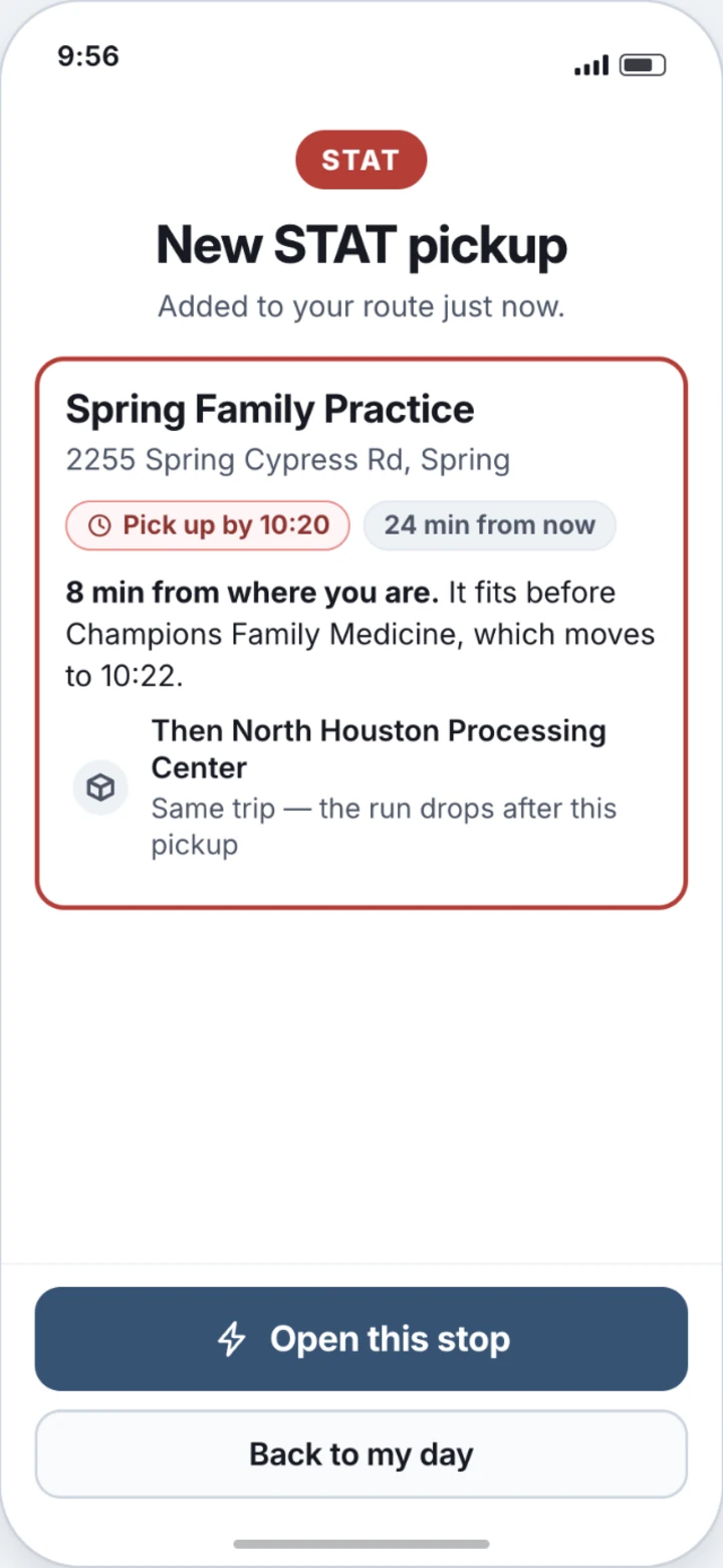 A new STAT pickup arriving mid-route, showing where it fits, which stop moves, and by how much.