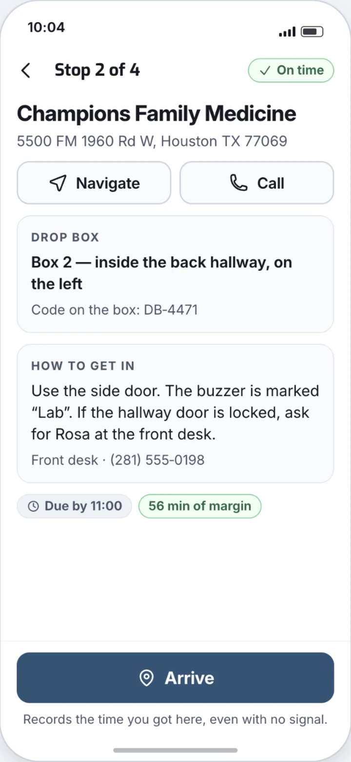 A stop in the driver app: the drop box and its code, how to get in, who to ask for at the front desk, and how much margin is left.