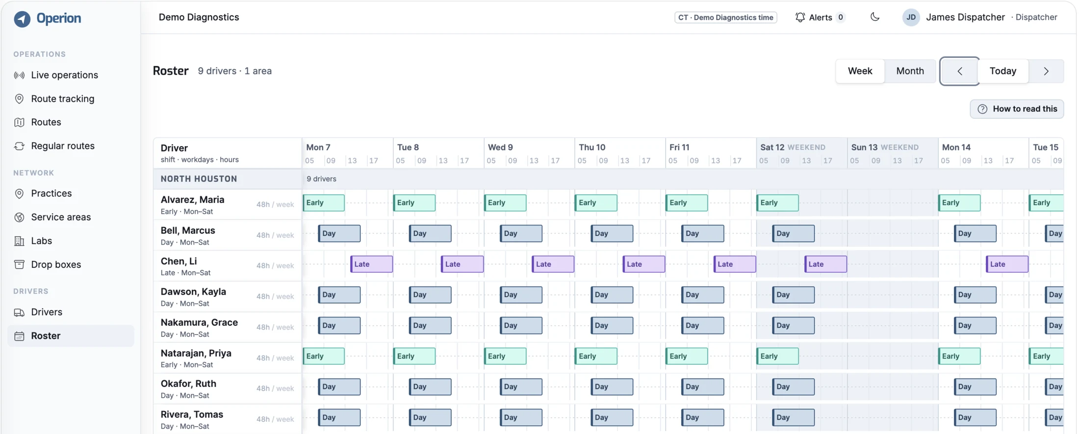 A weekly driver roster showing early, day and late shifts across a service area.